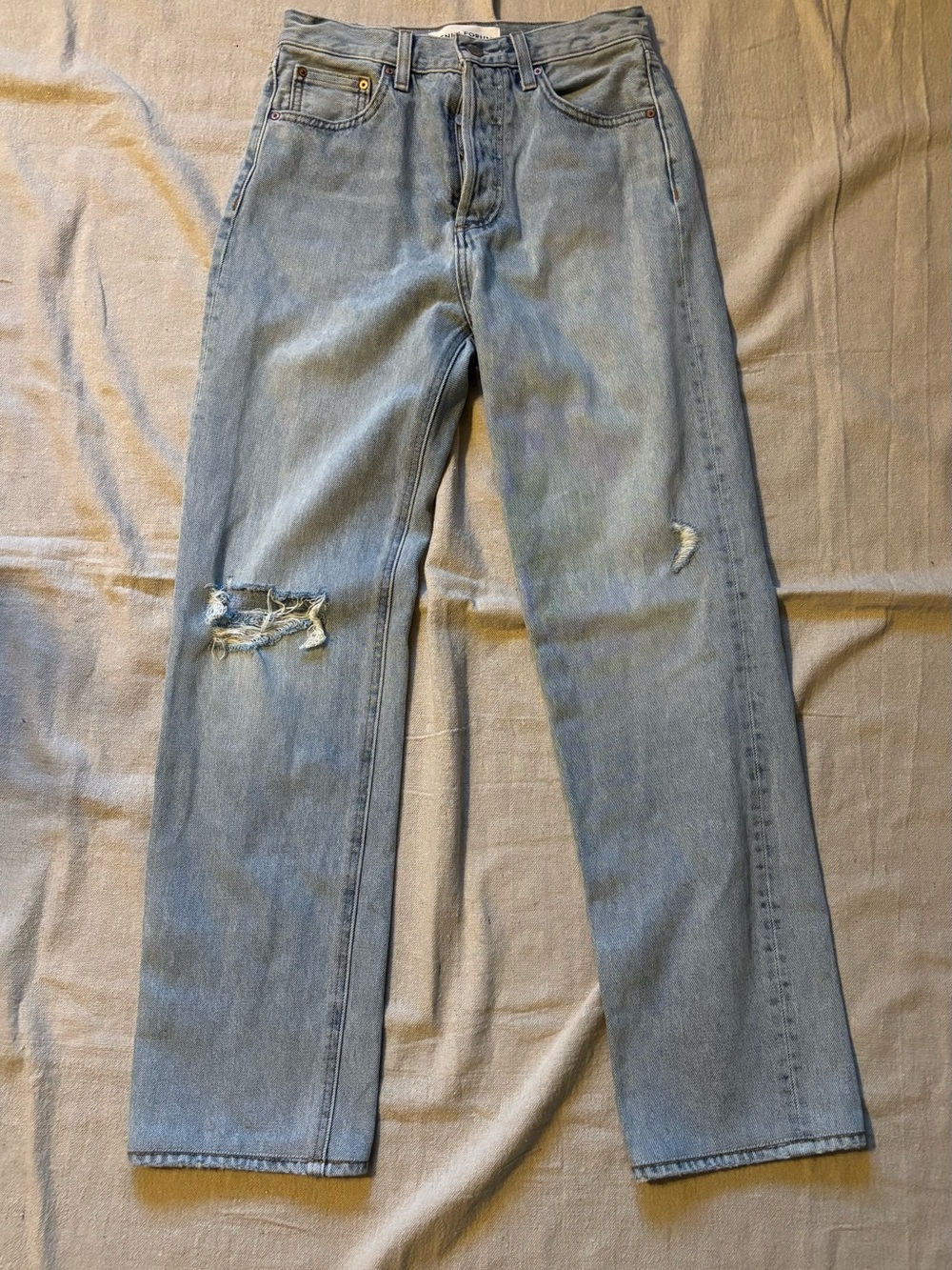 Denim Forum Light Blue Distressed Straight-Leg Jeans